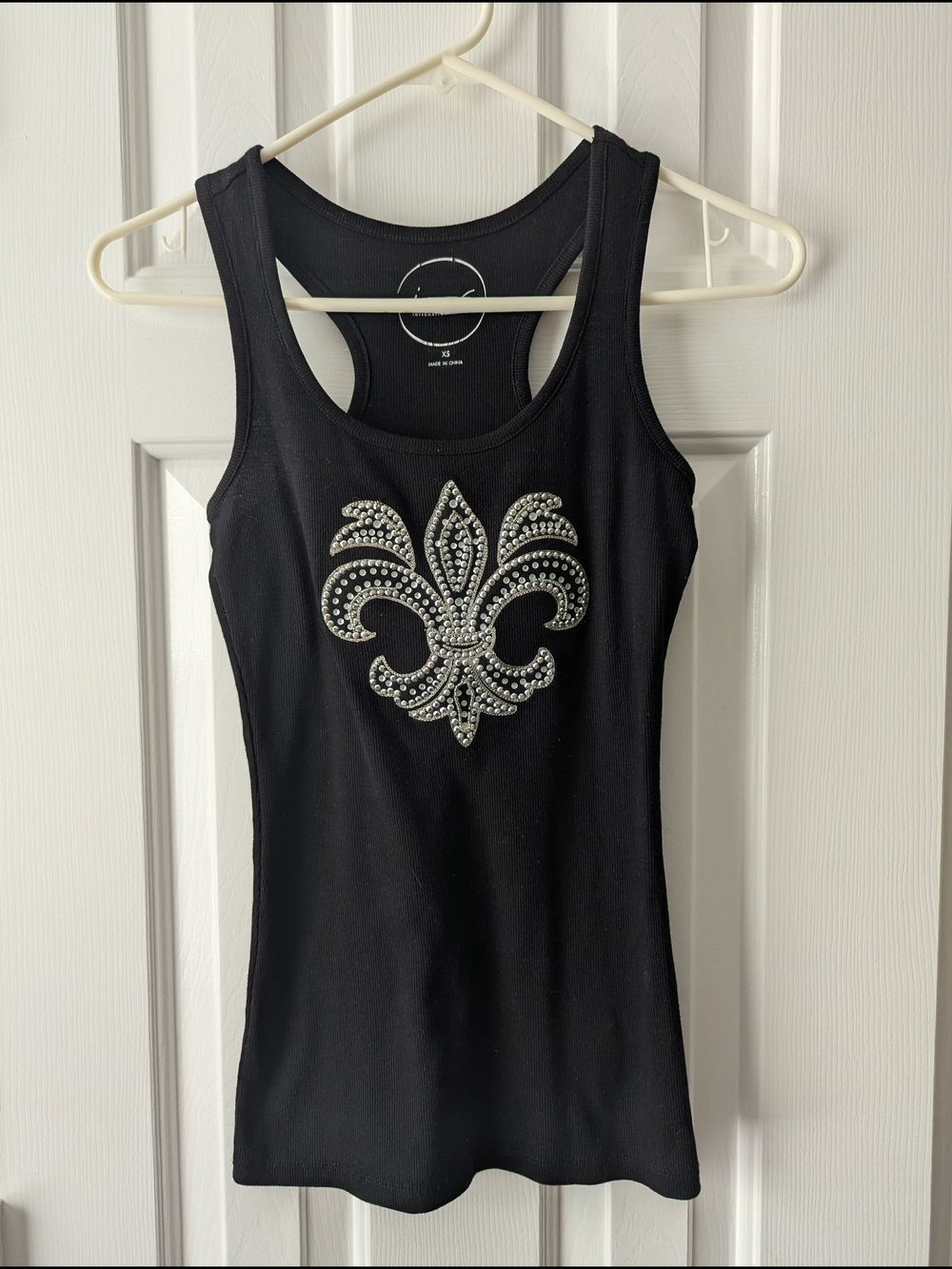 Black Rhinestone Fleur-de-Lis Racerback Tank Top, XS Stretch